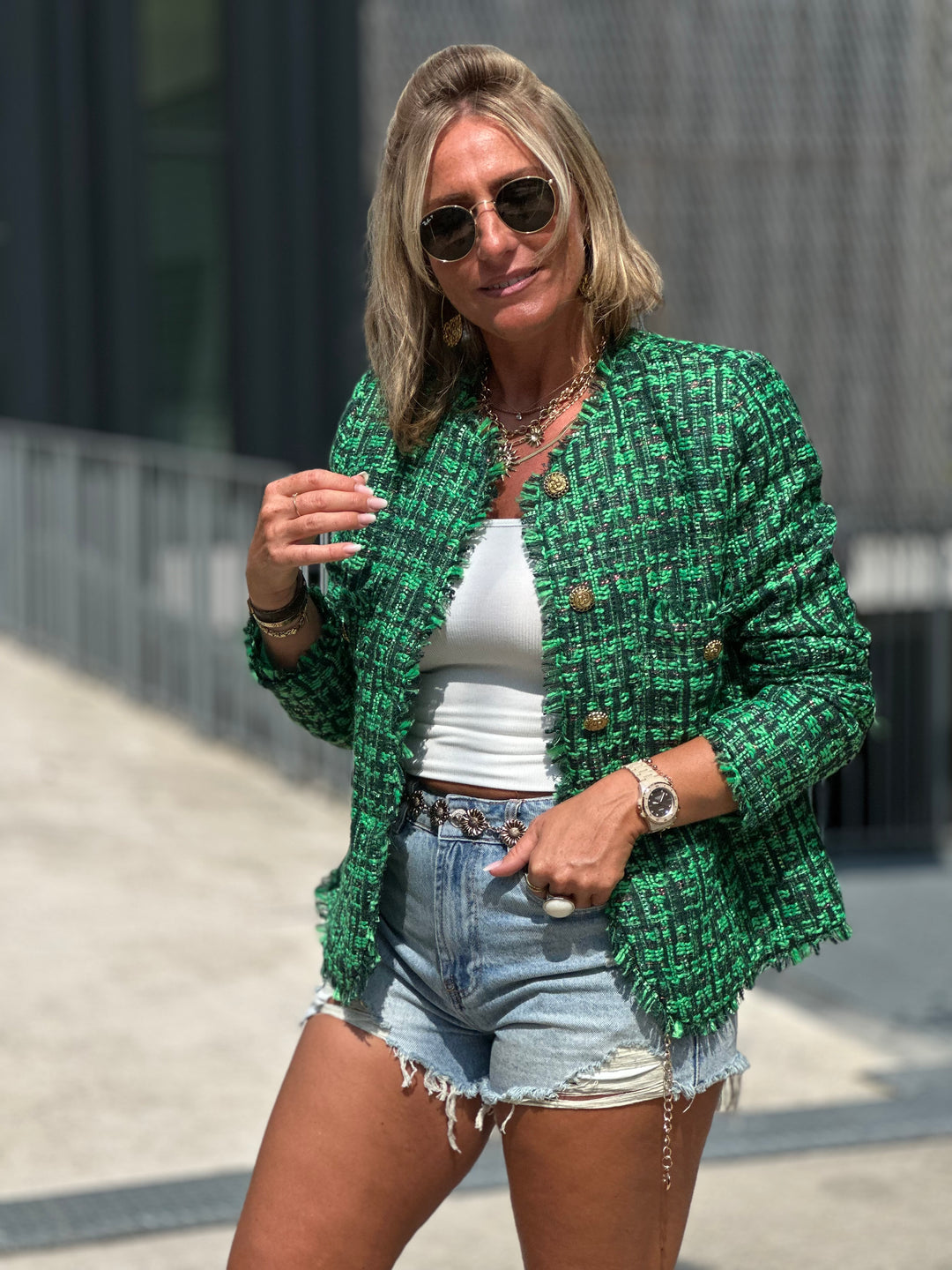 Veste tweed droite Vert Mia