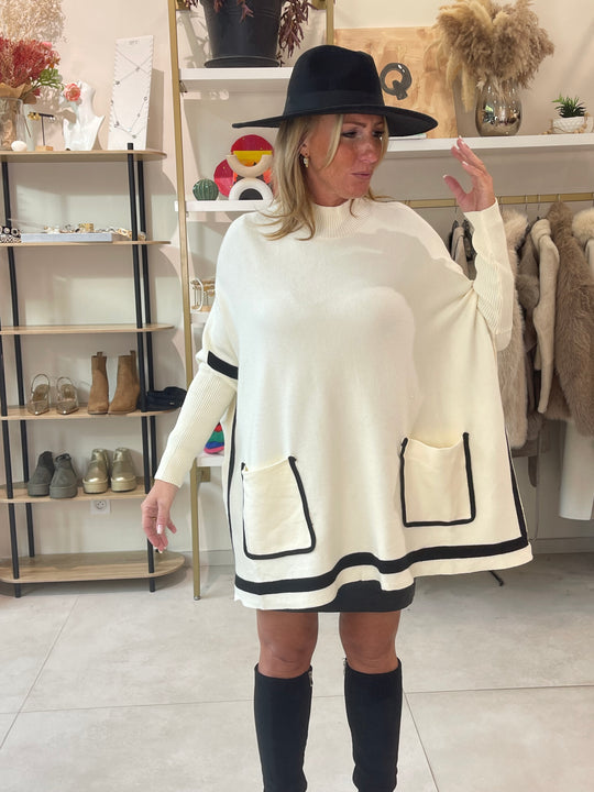 Pull poncho Blanc bande noir