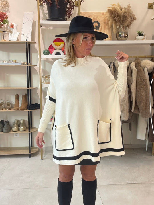 Pull poncho Blanc bande noir