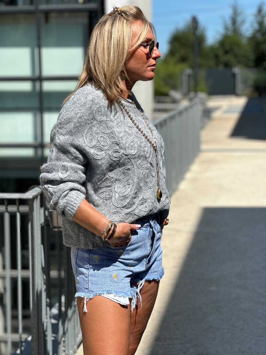 Pull brodé tressé gris