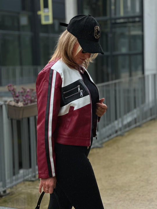 Veste similicuir bordeaux bandes blanc