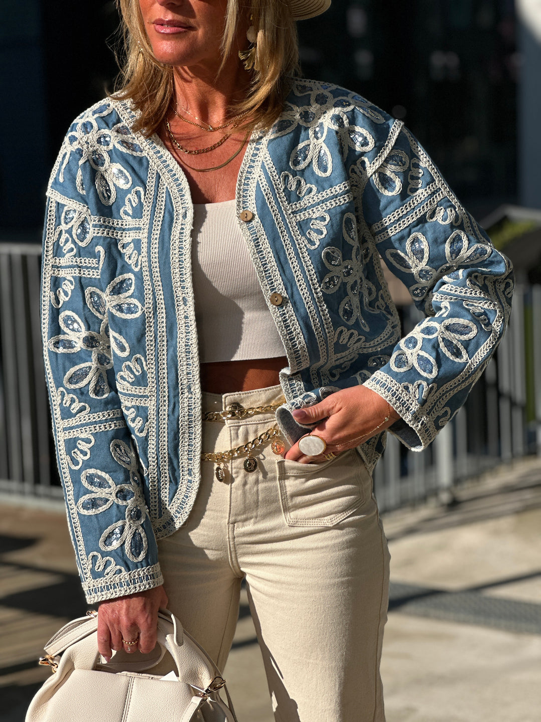 Veste jean bleu brodé sequin 8938