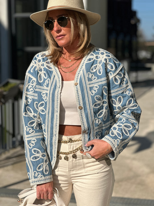 Veste jean bleu brodé sequin 8938