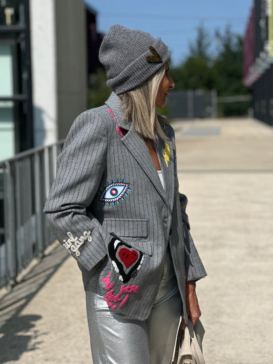 FUNKY Veste oversize brodé gris claire