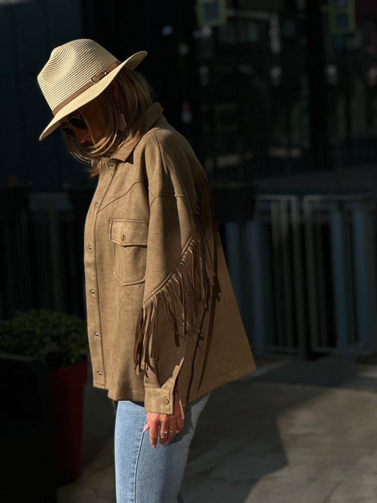 Veste daim frange taupe