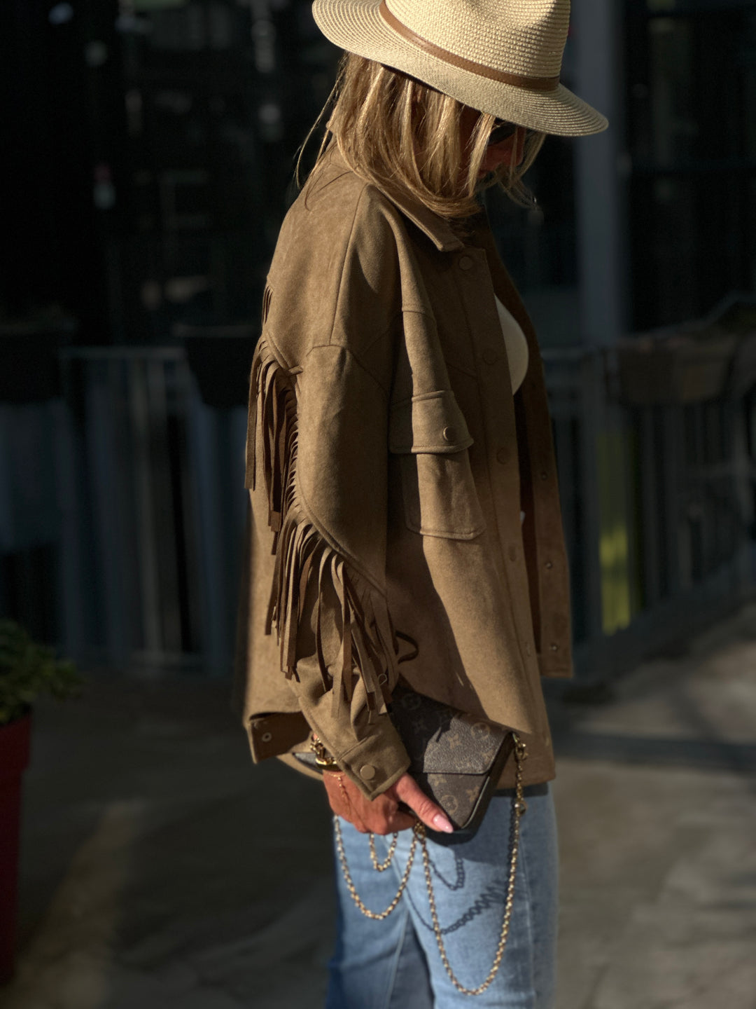 Veste daim frange taupe