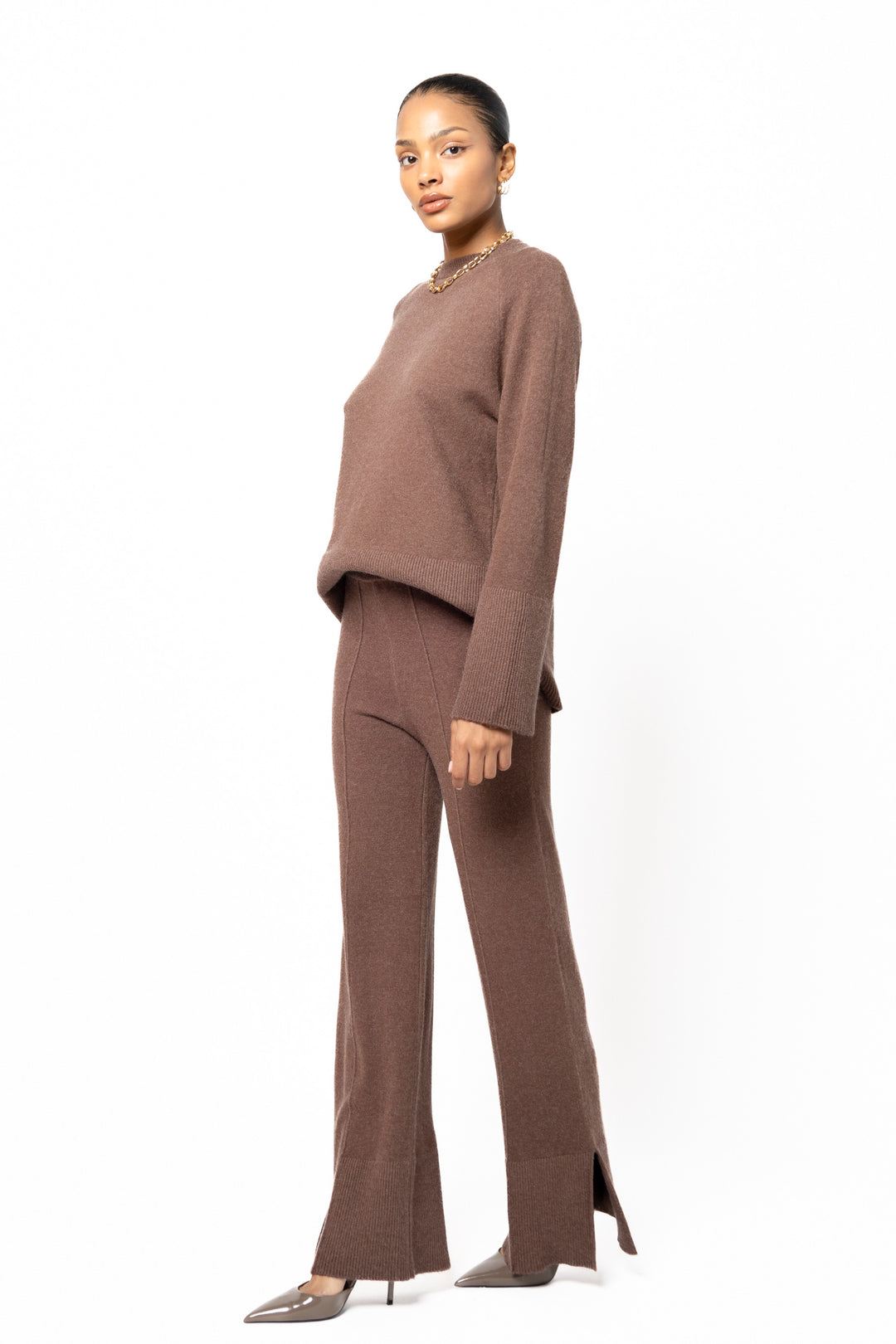 Ensemble maille pantalon fente Choco / C-91026