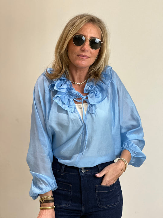 Blouse col volant Bleu