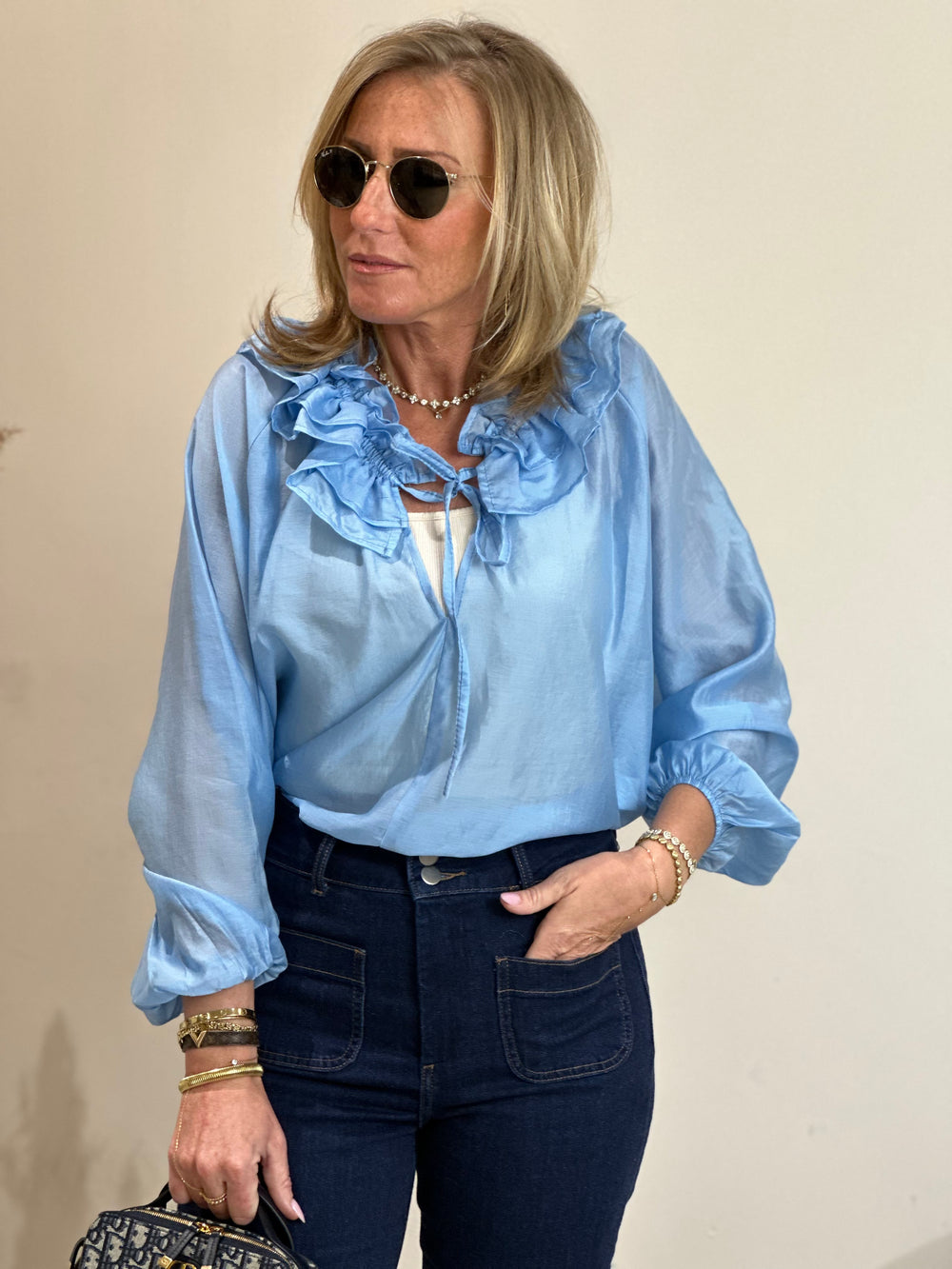 Blouse col volant Bleu