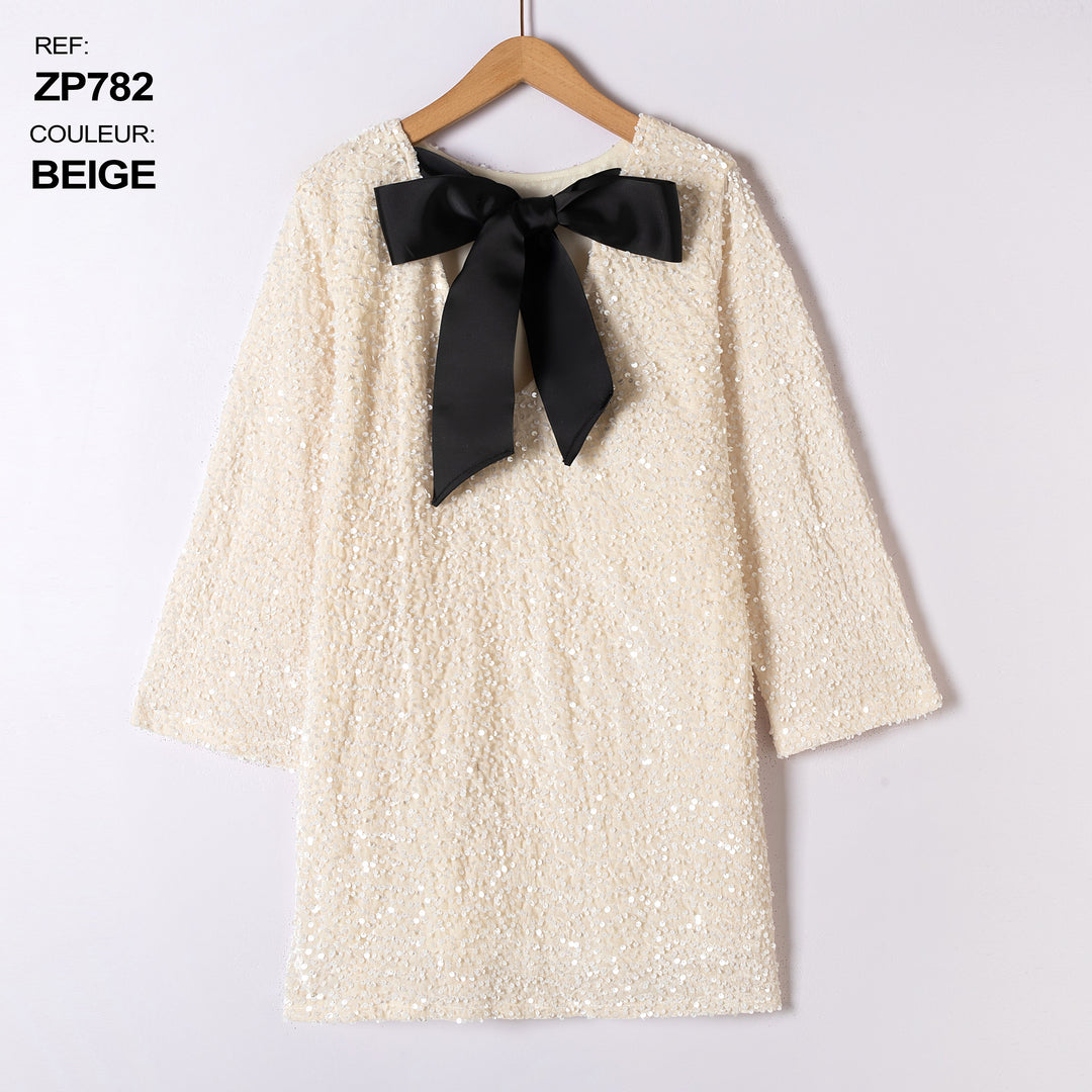 Robe sequin beige dos noué / K-782