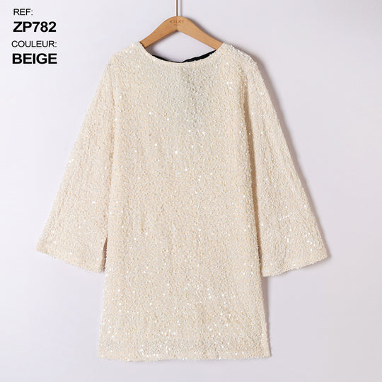 Robe sequin beige dos noué / K-782