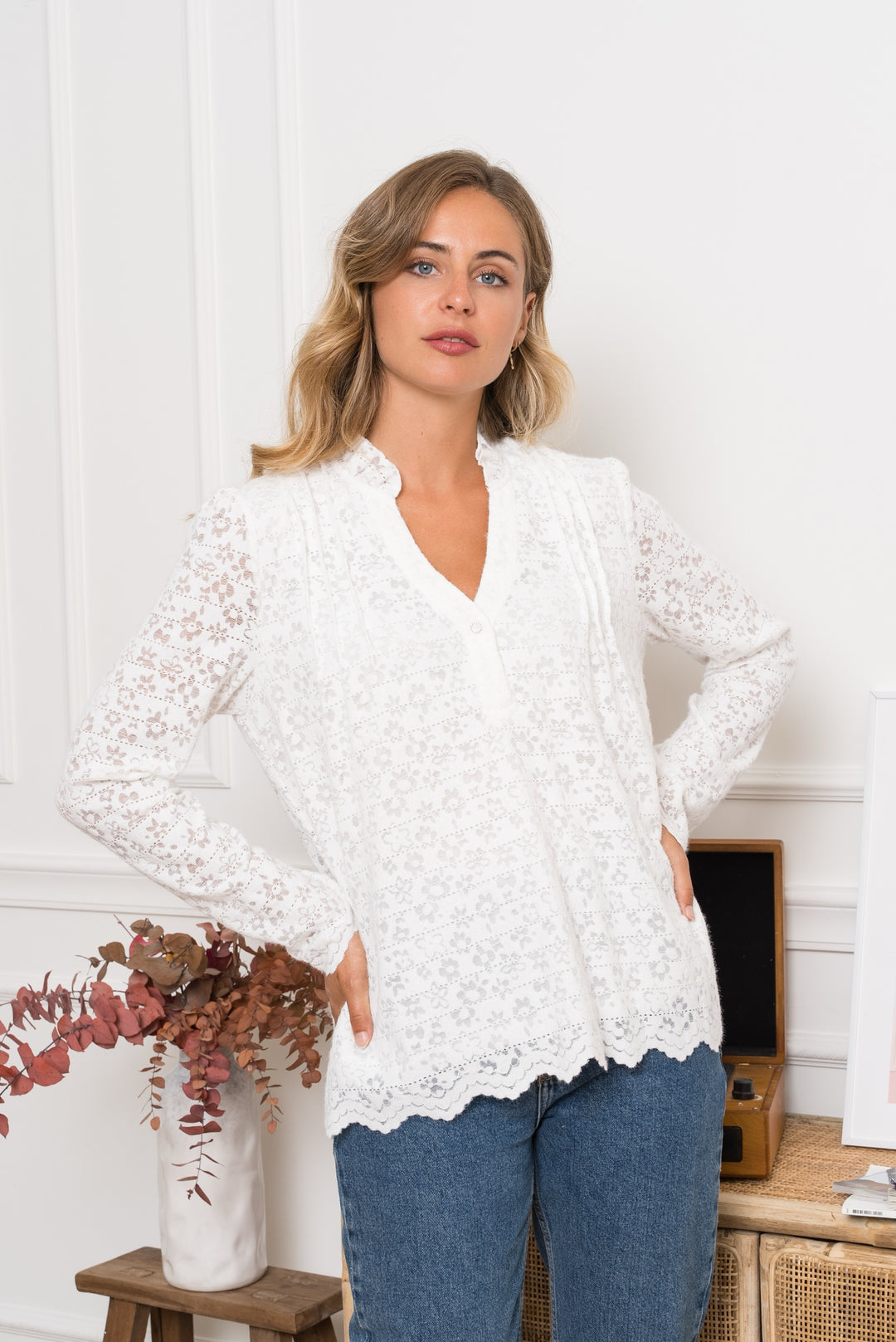 Blouse bordés Françoise Blanc/ k-2404