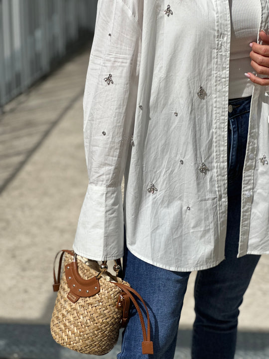 Chemise blanc aux strass abeilles