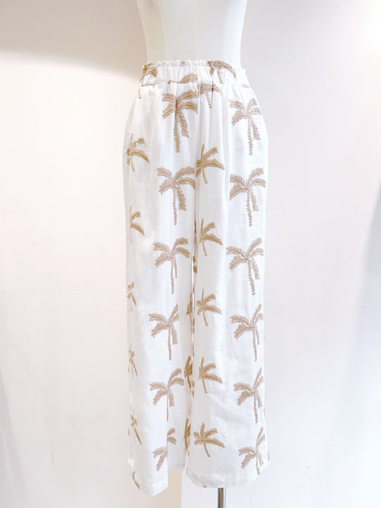 Pantalon lin brodé palmier beige