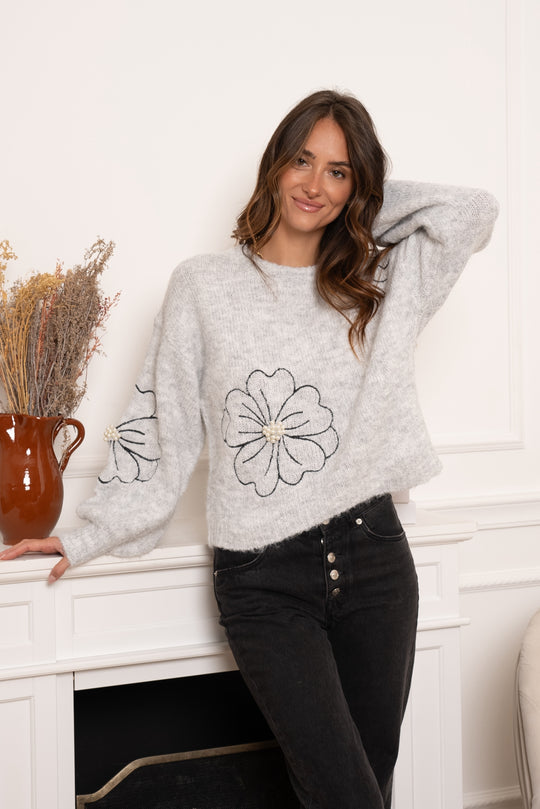 Pull gris brodé fleuri perles/TVP162