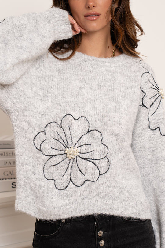 Pull gris brodé fleuri perles/TVP162