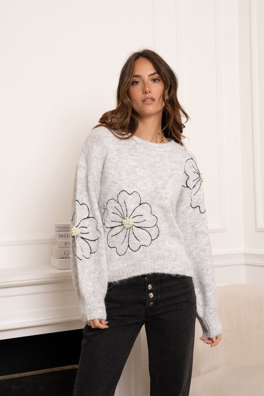 Pull gris brodé fleuri perles/TVP162