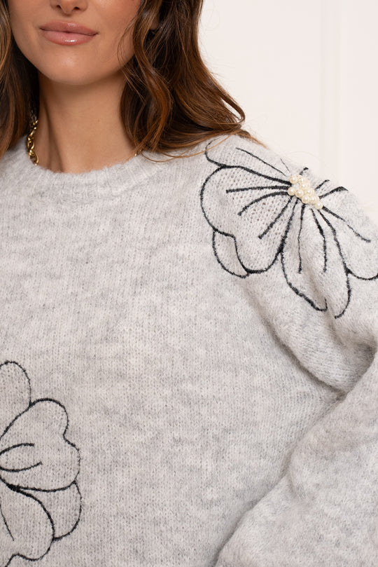 Pull gris brodé fleuri perles/TVP162