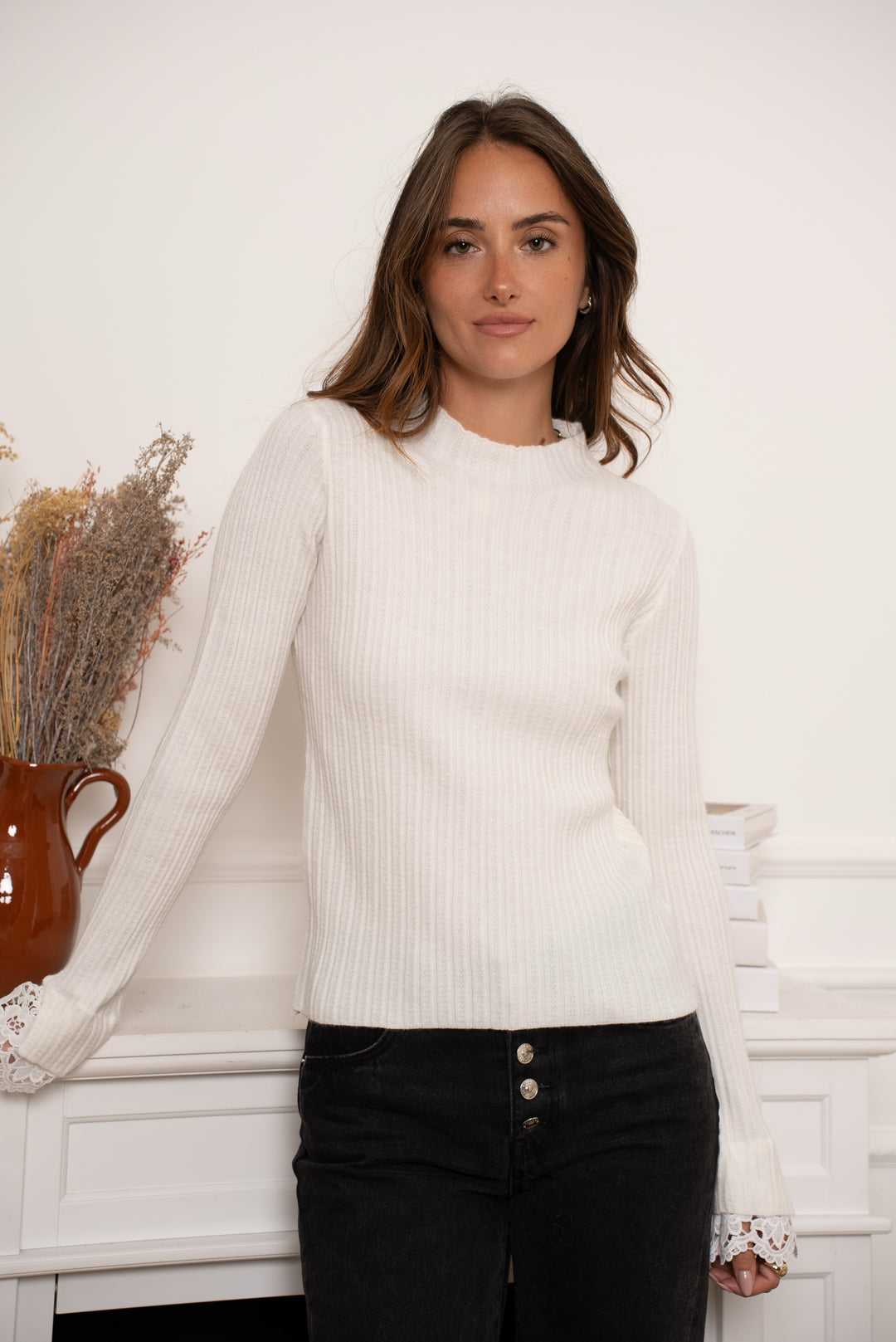 Pull manchette dentelle blanc /TVP1485