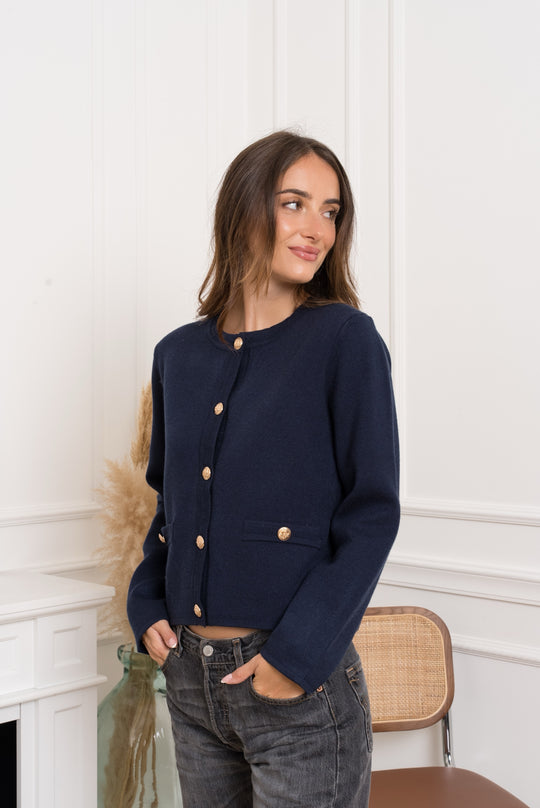 Pull/gilet bouton or Bleu marine/TVP1543