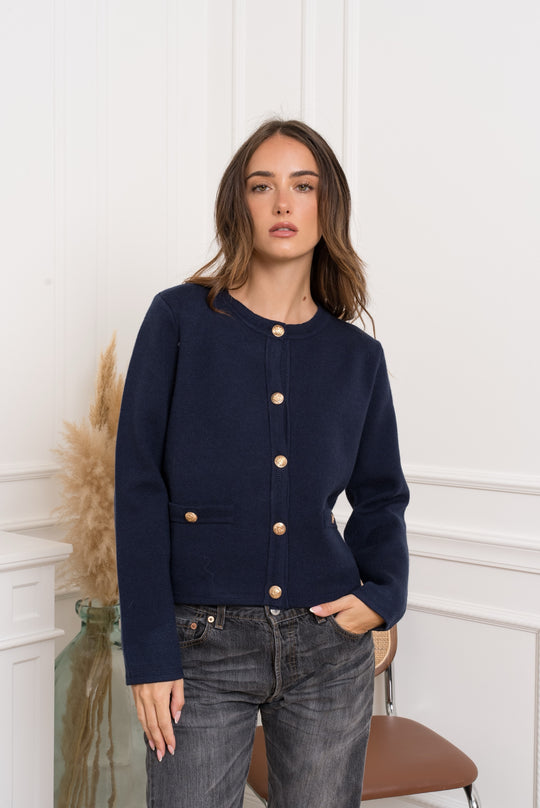 Pull/gilet bouton or Bleu marine/TVP1543