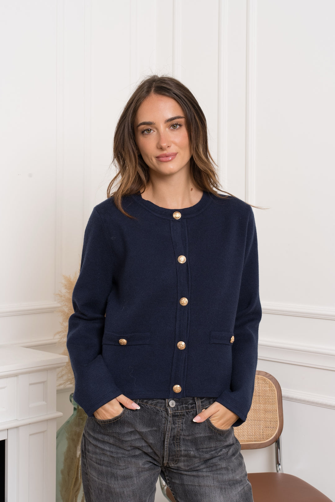 Pull/gilet bouton or Bleu marine/TVP1543