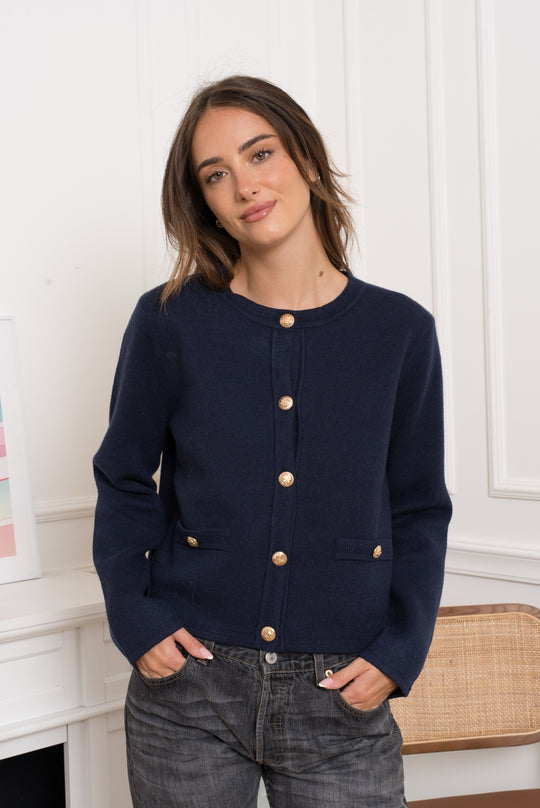 Pull/gilet bouton or Bleu marine/TVP1543