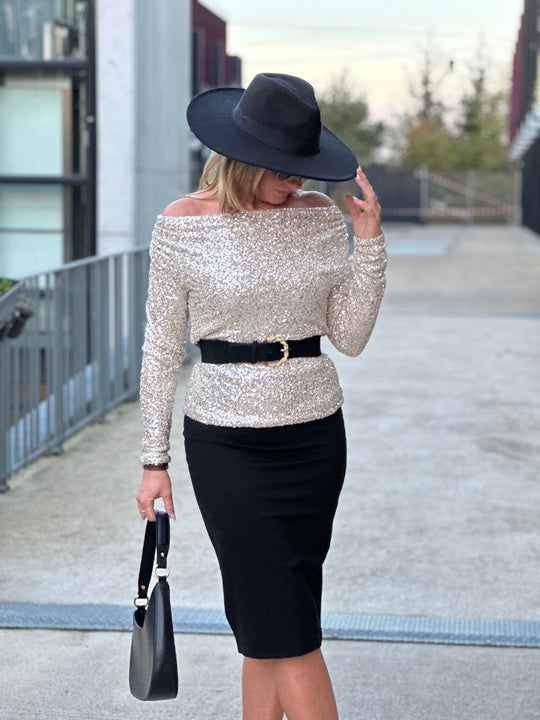 Top sequin col drapé beige/ Ch520