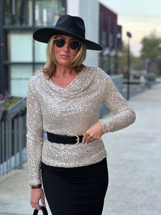 Top sequin col drapé beige/ Ch520