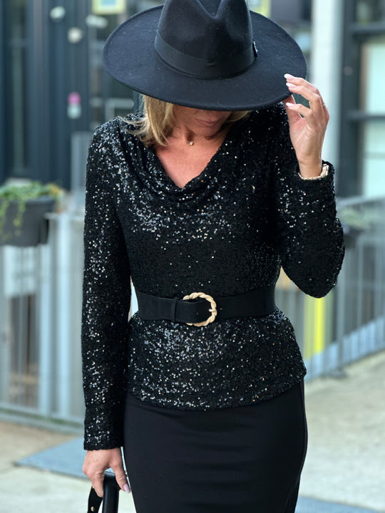 Top sequin col drapé Noir/ Ch520