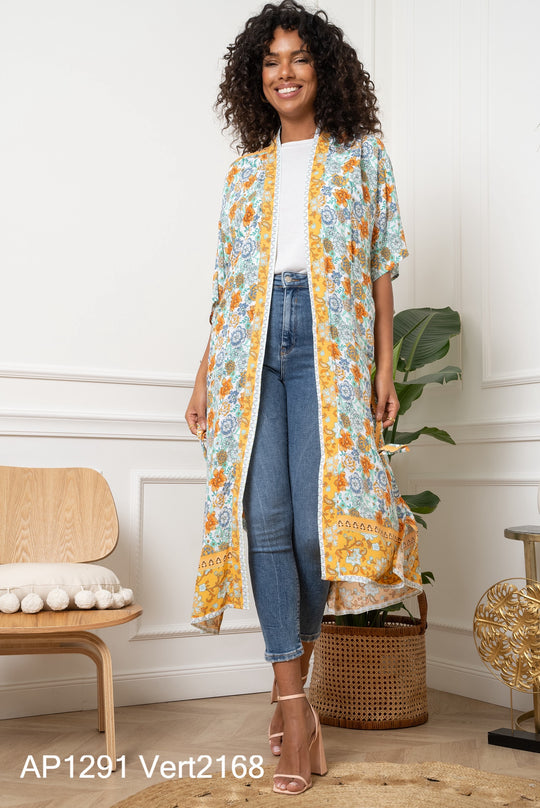 Kimono fleuri bleu/jaune