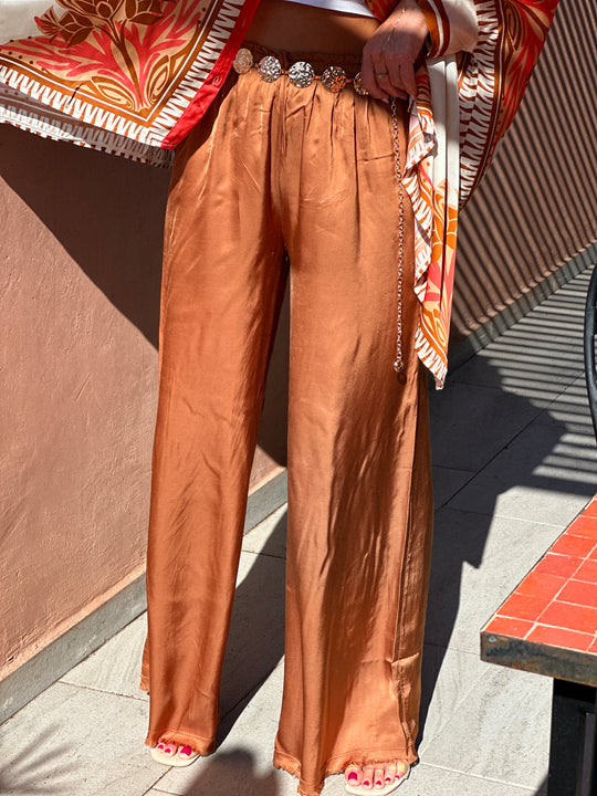 Pantalon soie ourlet frangé orange/ 9675