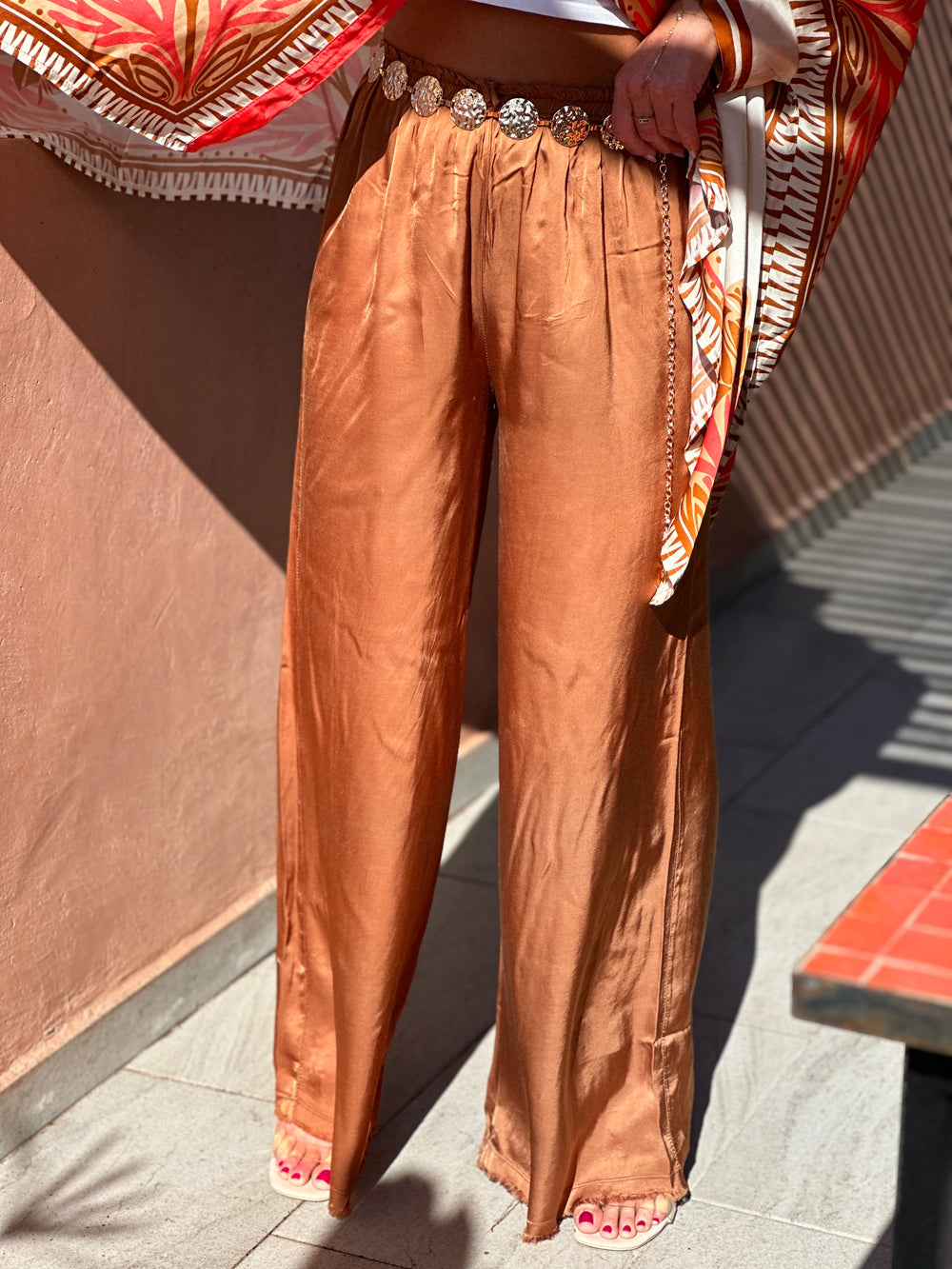 Pantalon soie ourlet frangé orange/ 9675