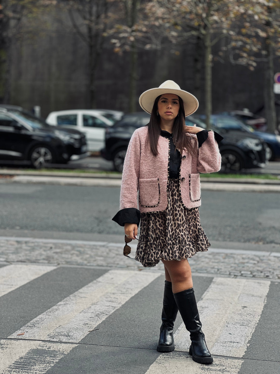 Veste lainer rose bande léopard