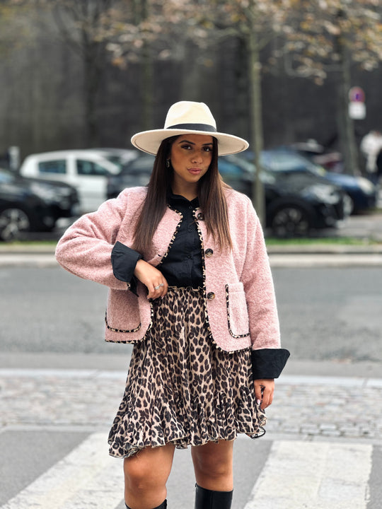 Veste lainer rose bande léopard