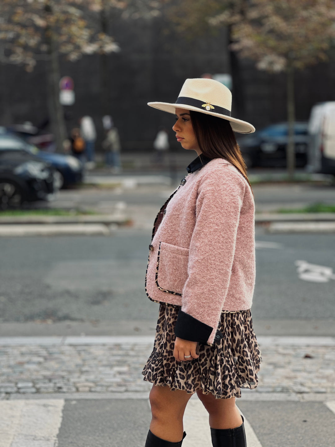 Veste lainer rose bande léopard