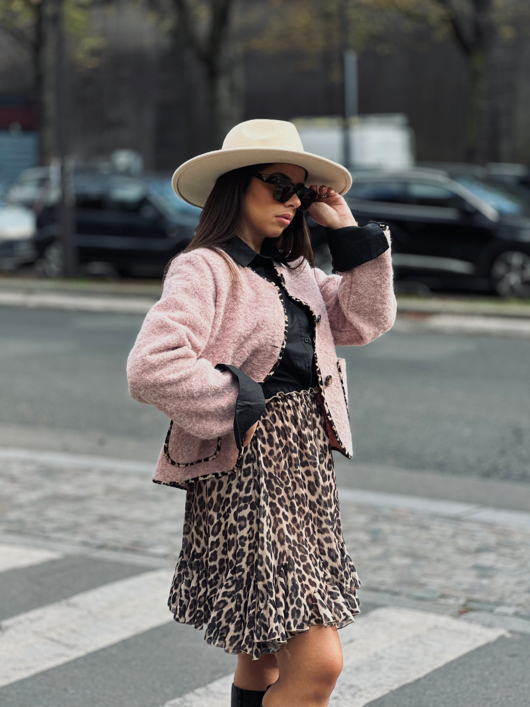 Veste lainer rose bande léopard