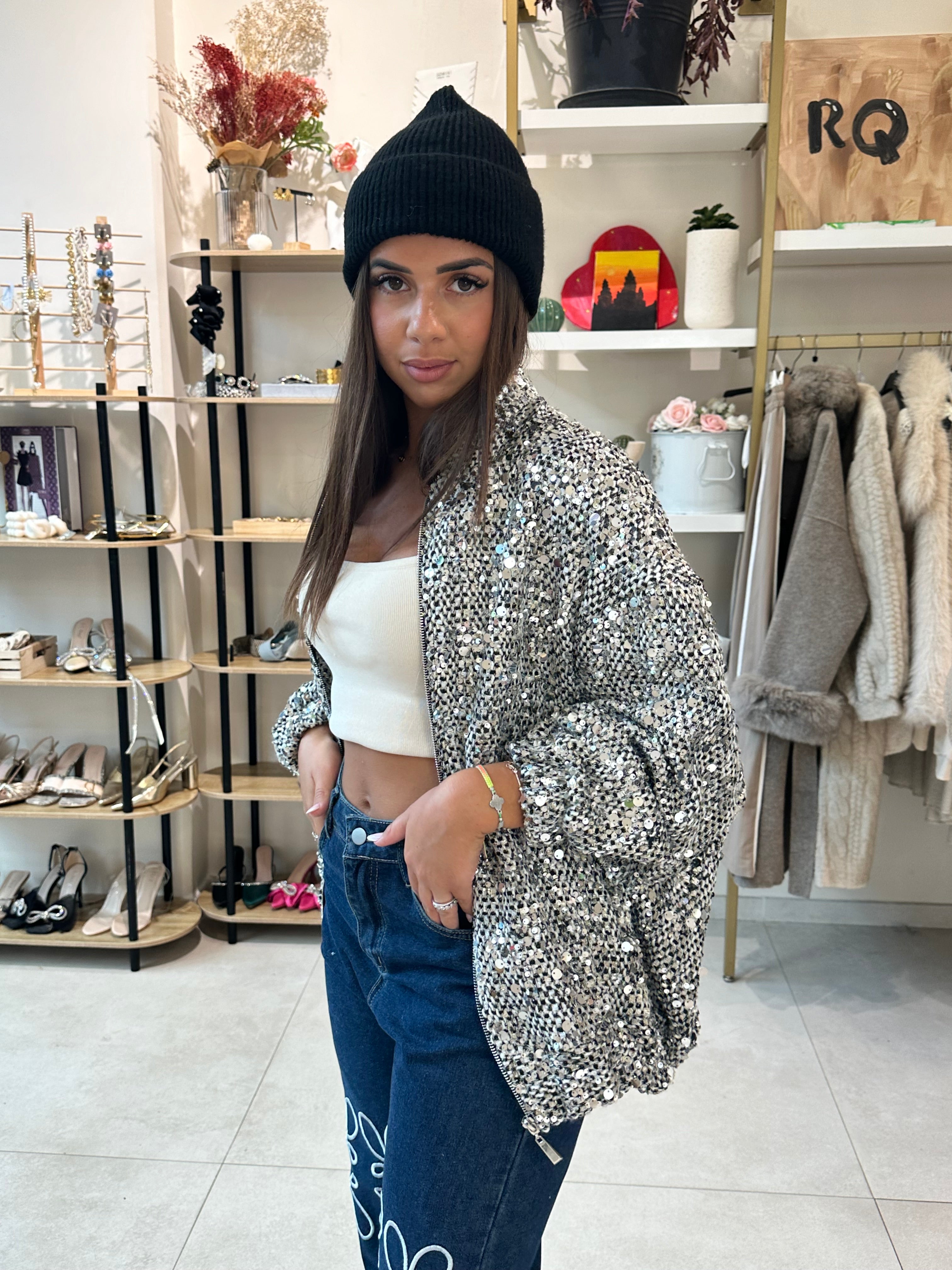 Veste bomber sequin argente version long