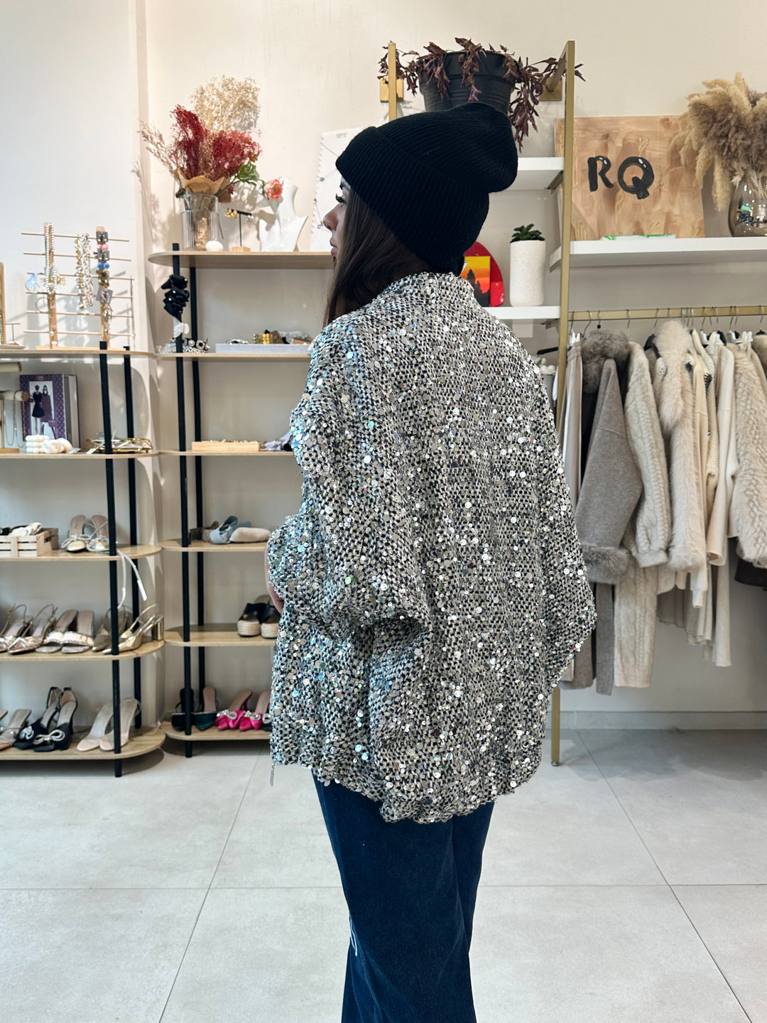 Veste bomber sequin argenté version long