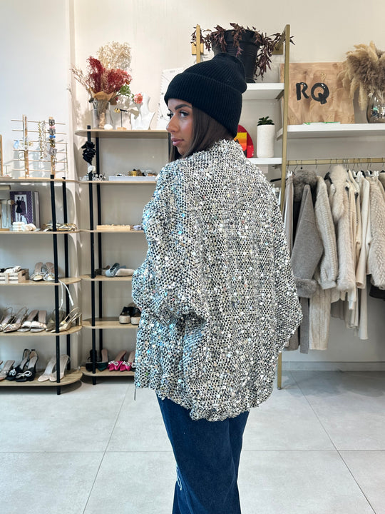 Veste bomber sequin argenté version long