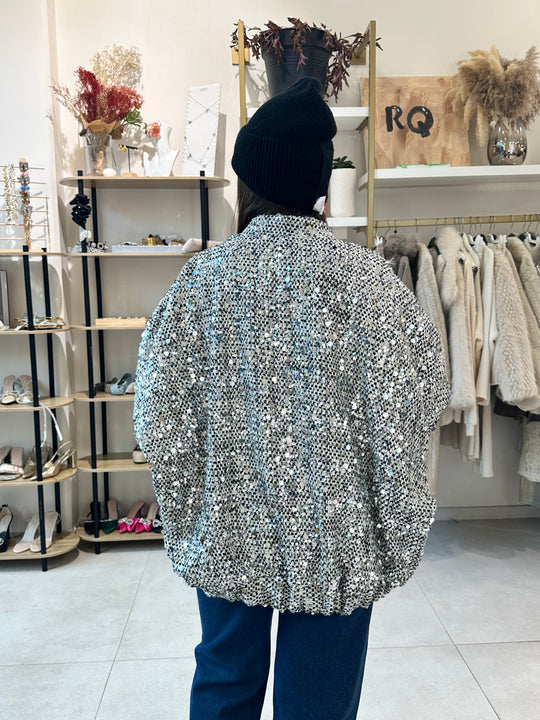 Veste bomber sequin argenté version long