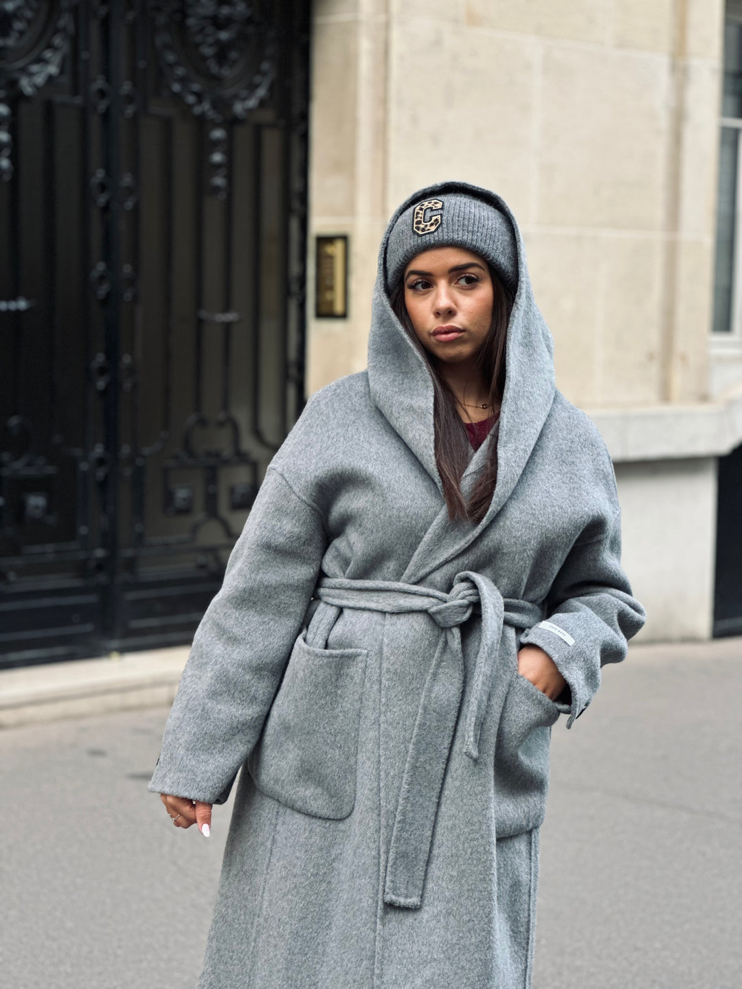 Manteau laine capuche gris Soso(2802)