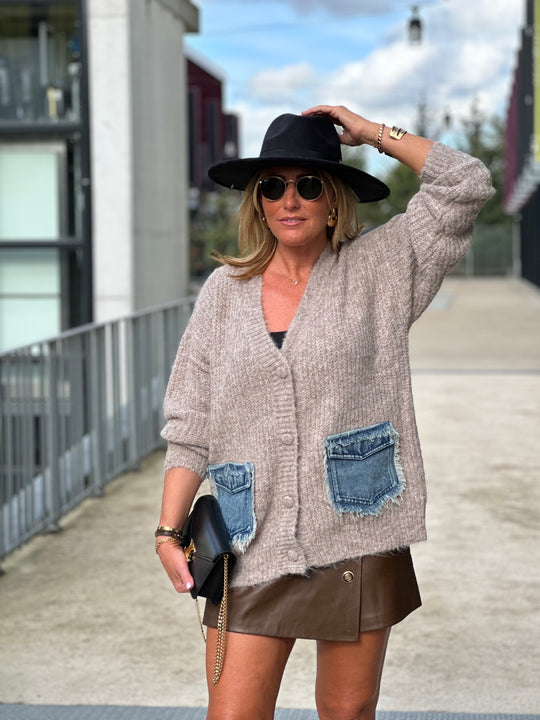 Gilet maille taupe poches jean