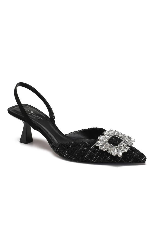 Sandale tweed strass carrée en Noir