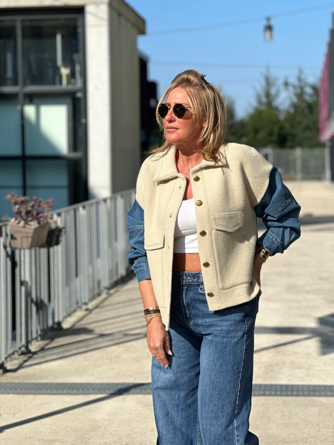 Veste lainer Beige manche jean Émilie