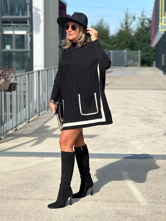 Pull poncho noir bande blanc